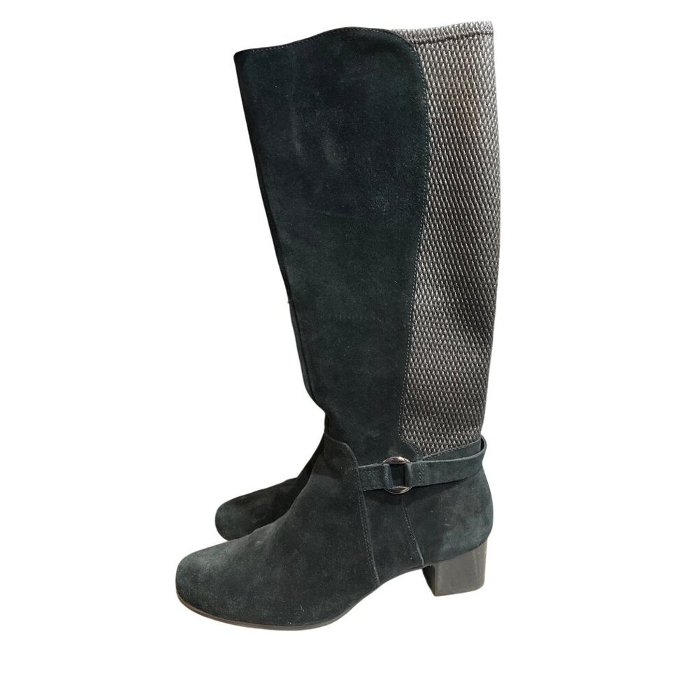 Clarks Black Suede Tall Boots With Textured Back Panel & 1.5" Heel